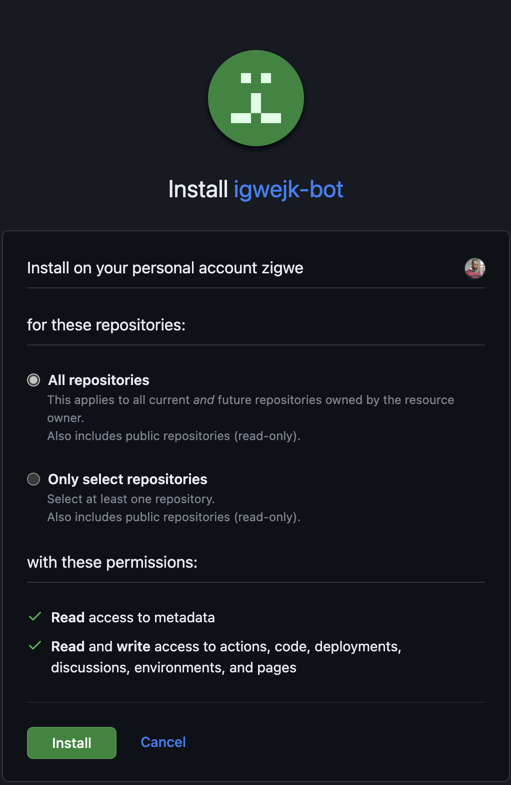 Show selection of repository and install