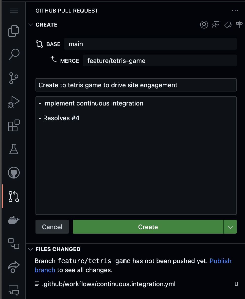 GitHub pull request form in a Codespace