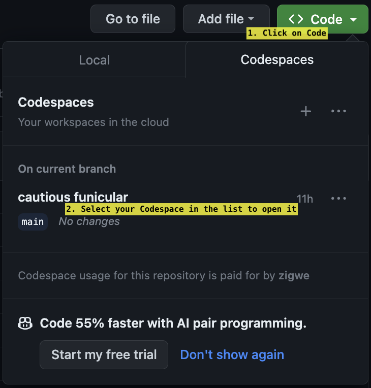 Drop down showing option to resume Codespace at repository home