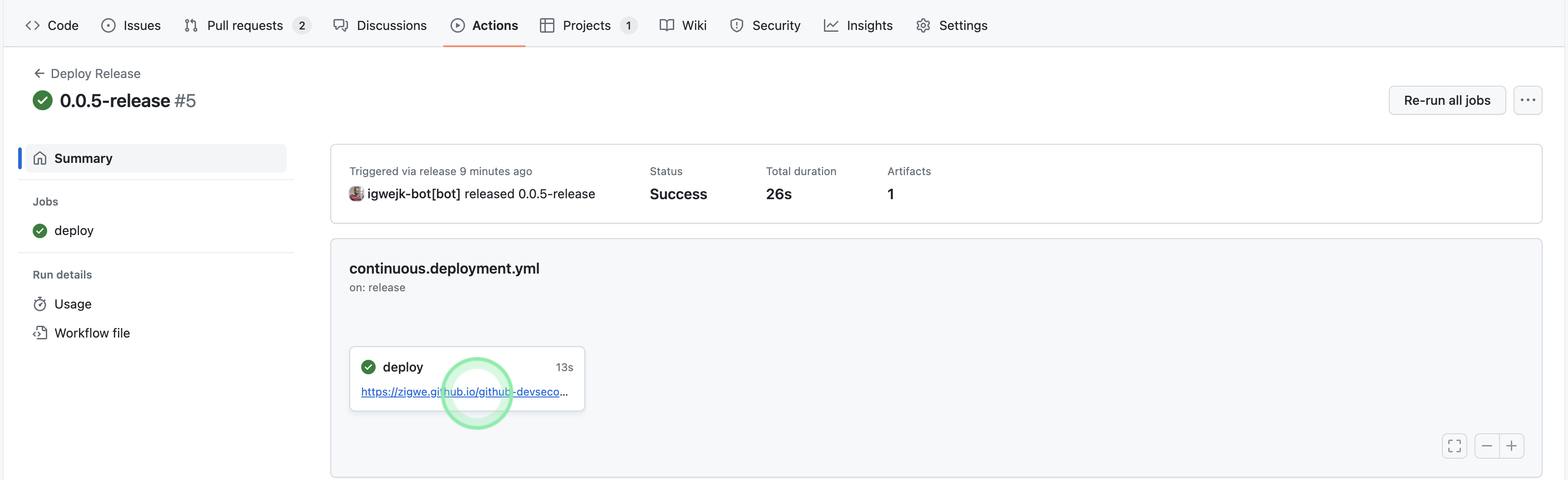 Show successful execution of release deployment
